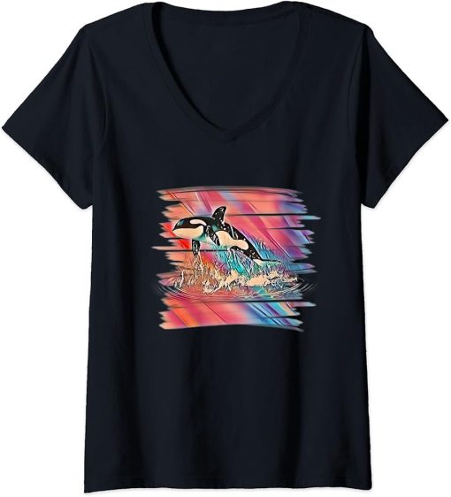 Womens Orca Motif Whale Ocean Predator Design Animals Orcas V-Neck T-Shirt