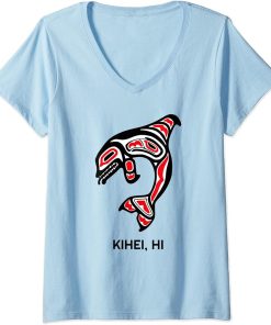 Womens Kihei HI Native Aboriginal Orca Killer Whales V-Neck T-Shirt