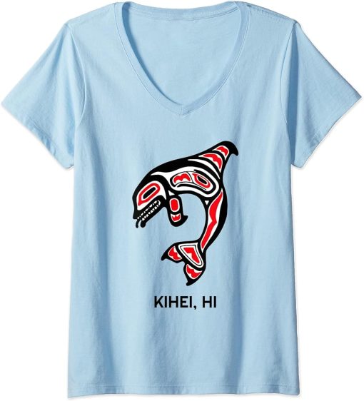 Womens Kihei HI Native Aboriginal Orca Killer Whales V-Neck T-Shirt