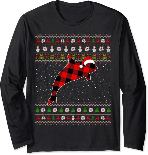 Funny Orca Lover Red Plaid Orca Pajamas Ugly Xmas Long Sleeve T-Shirt